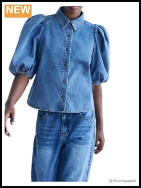 Denim Button Down Shirt Puff Sleeve Collared Jean Top Women's Blouse